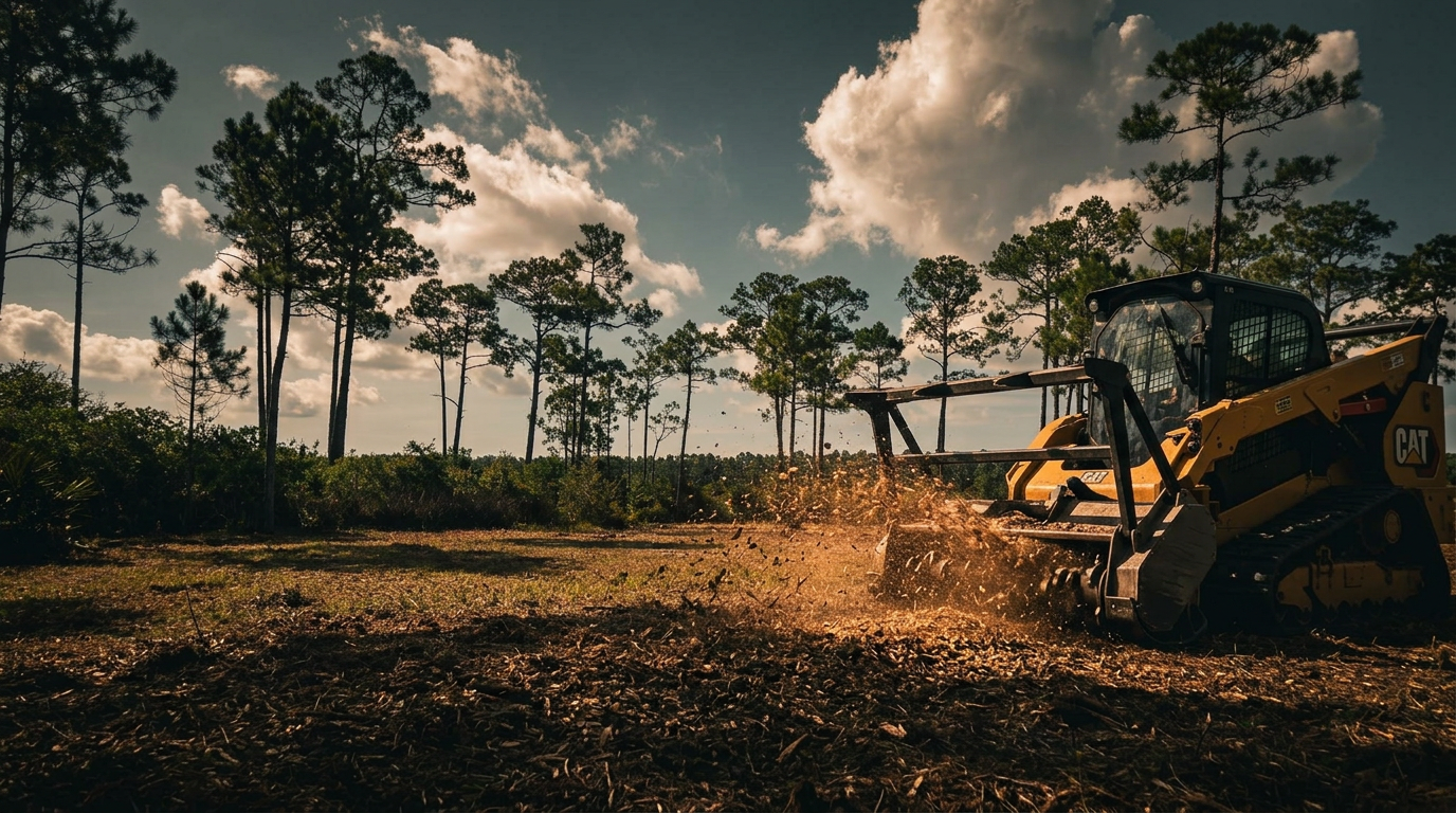 CAT skid steer forestry mulching a Baldwin County lot